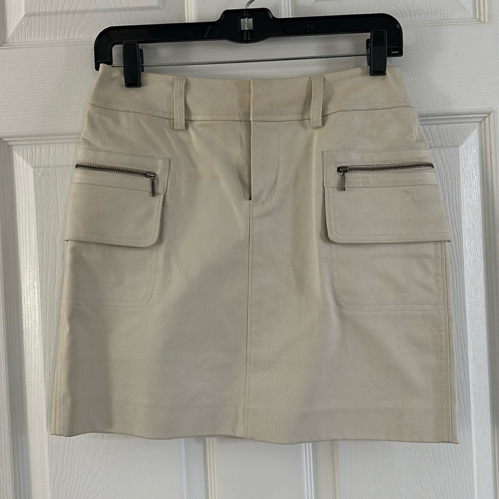 Cream color, cargo mini skirt.  Beautiful material, classic style.